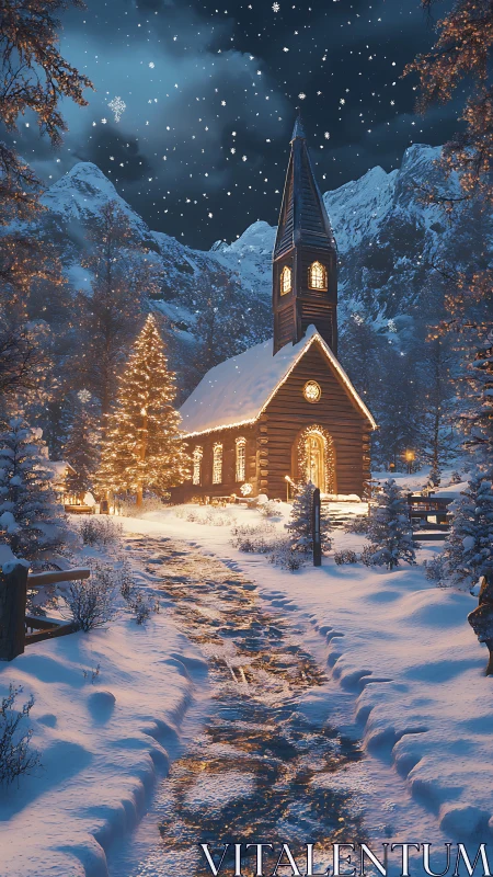 Snow-covered mountain chapel stands beneath a starry night sky
