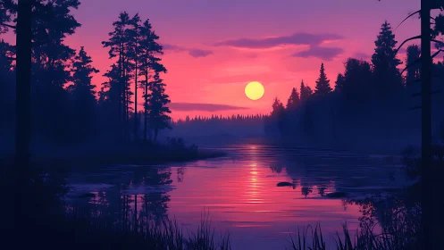Sunset over forest lake with reflected light gradients.