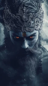 Mythic warrior portrait with ornate crown and glowing eyes.