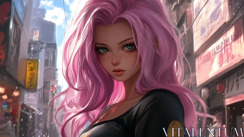 Pink-haired street heroine under soft cinematic backlight.