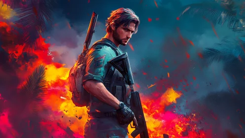 Lone action hero stands bold against a storm of fire