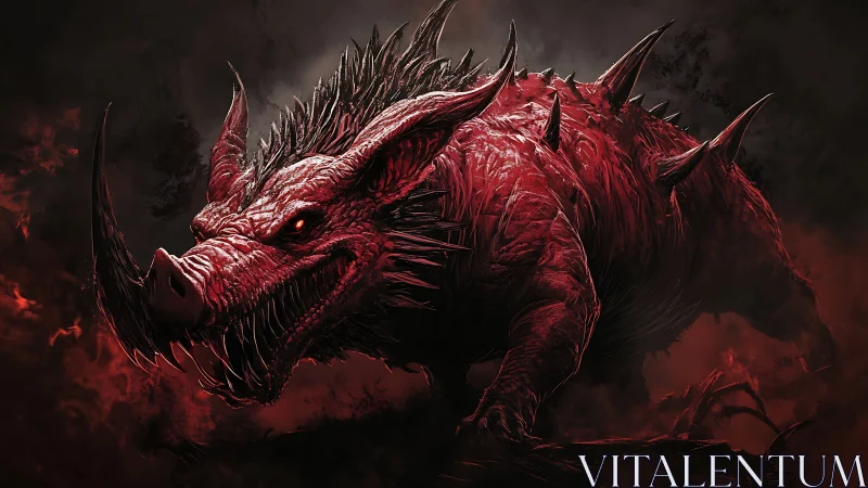 Demonic boar-like creature with spikes in smoky red void.