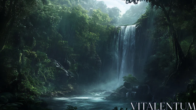 Waterfall cascading through forested canyon with dense vegetation canopy