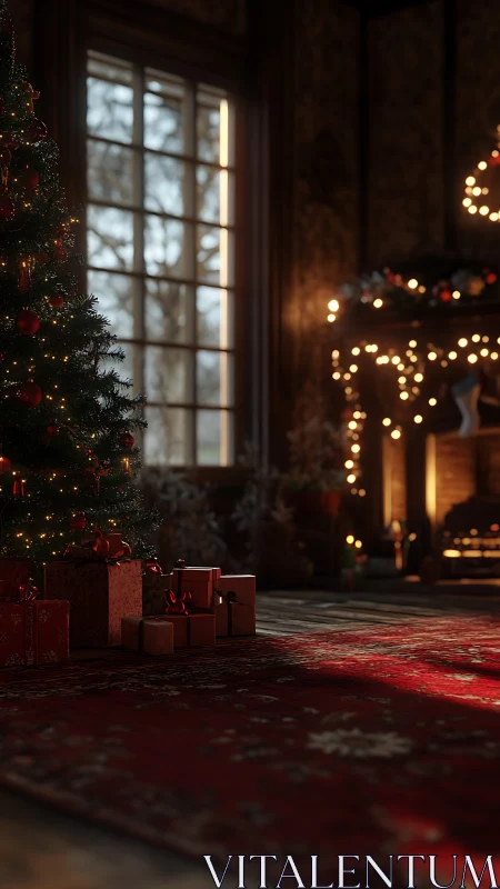 Christmas tree glows in a warmly lit rustic living room.