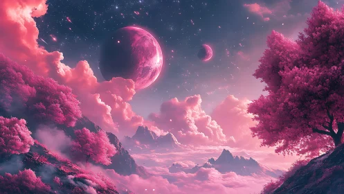 Pink planetary sky over stylized mountains and forest.