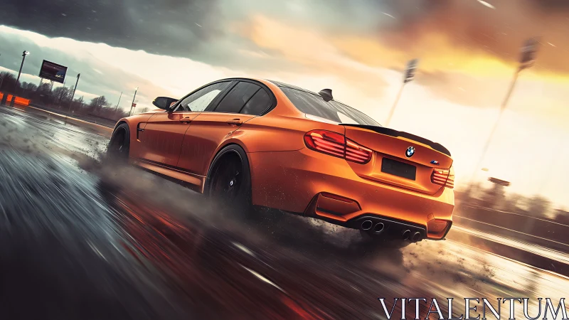 Orange sports sedan drifting on wet track at sunset.