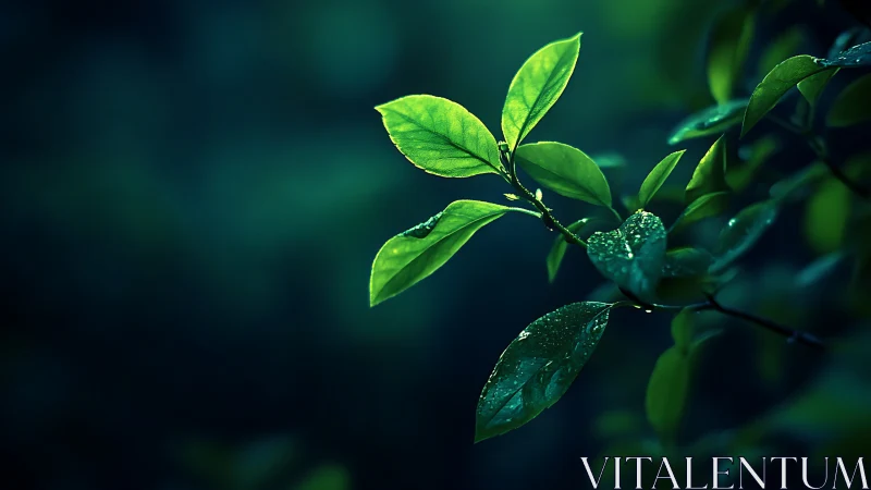 Close-up of Dewy Green Leaves on a Branch, Moody Nature Photography.
