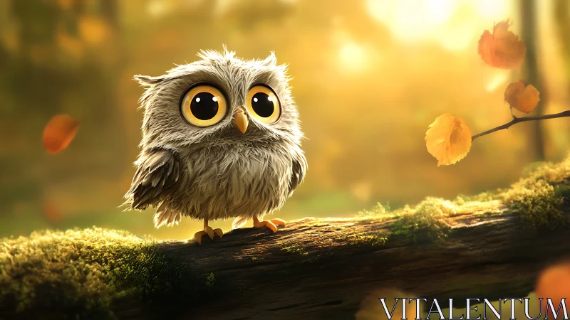 Adorable Big-Eyed Baby Owl on Mossy Log, Whimsical Digital Art.