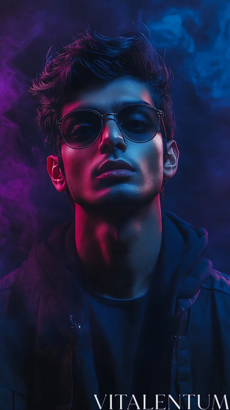 Neon-lit portrait with cinematic magenta teal rim lighting.