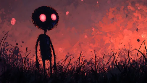 Gentle shadow child wandering through a glowing red dusk.