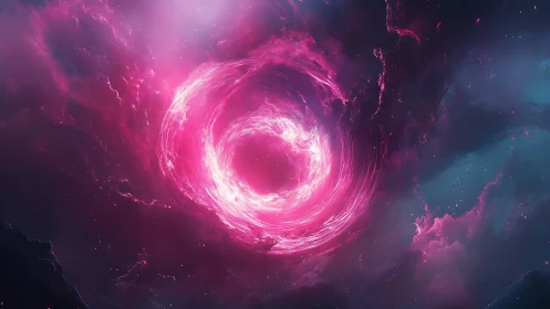 Cosmic vortex of neon pink energy in deep starfield.