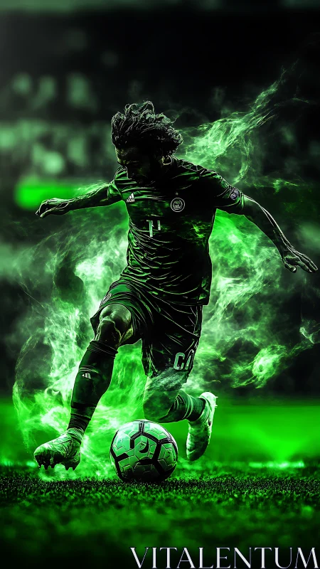 Digital painting of neon green soccer striker in motion trail glow.