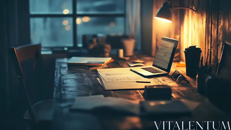 Warm low key workstation with laptop, drafts, and lamplight glow.