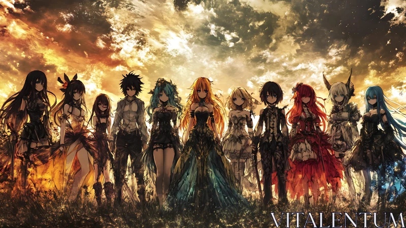Sunlit anime warriors stand unified beneath burning sky