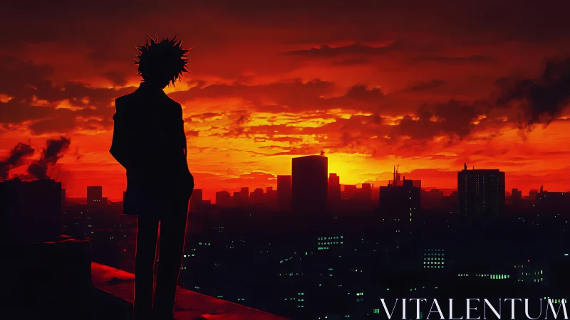 Rooftop silhouette watching neon embers swallow the sunset sky.