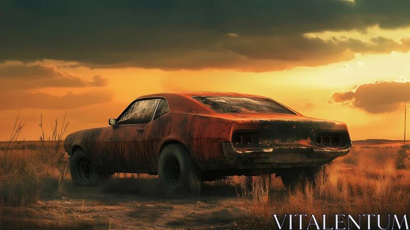 Rust-red muscle car resting under a stormy sunset sky.