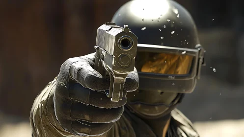 Tactical soldier aims handgun directly at camera viewpoint