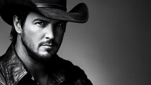 Monochrome cowboy portrait in dramatic side lighting.