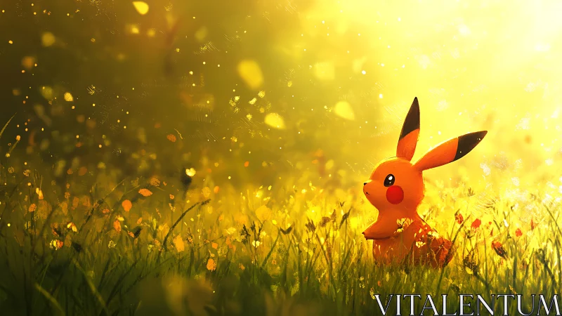 Pikachu basking in glittering golden meadow daydream light.