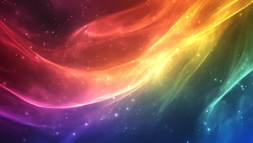 Multicolored nebula-like light waves on starry backdrop.