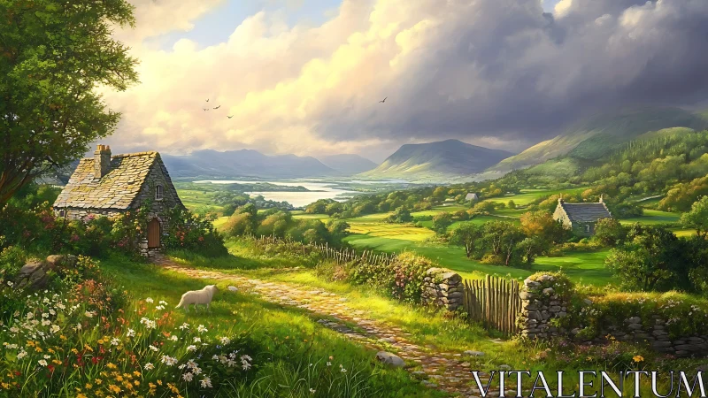 Sunlit stone cottage overlooks verdant valley and distant lake