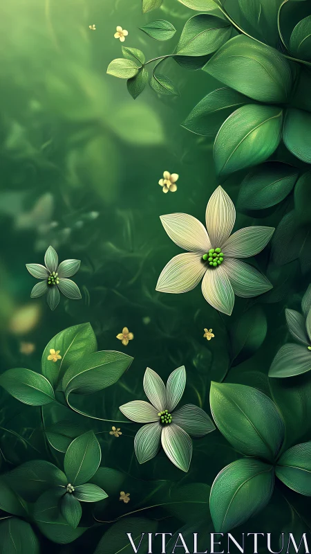 Botanical Composition With White Flowers And Green Foliage Study