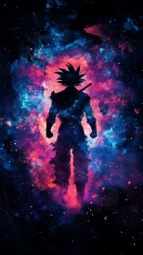 Silhouetted fighter stands centered in vibrant cosmic nebula