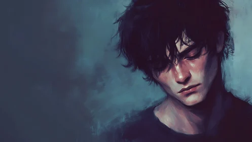 Melancholic young man portrait in cool desaturated palette