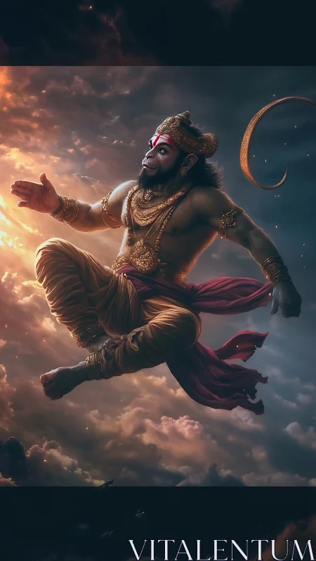 Sky-striding monkey warrior crowned in molten dawn light.