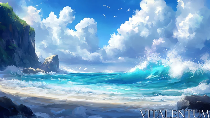 Sunlit waves and cloud castles along a secret shore.