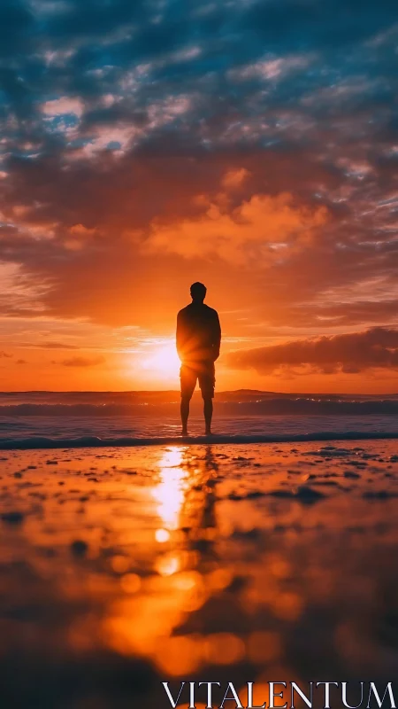 Silhouette stands against vivid orange sunset over ocean shore