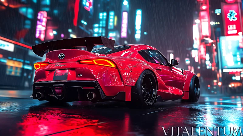 Toyota Supra glows in neon-soaked cyberpunk city streets.