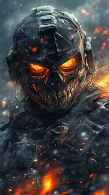 Fiery skull soldier strides through snow and swirling embers