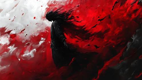 Dark silhouette in red and white abstract stormscape.