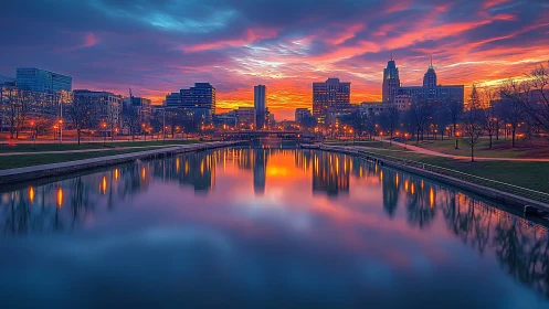 Urban skyline riverfront under saturated twilight sky.