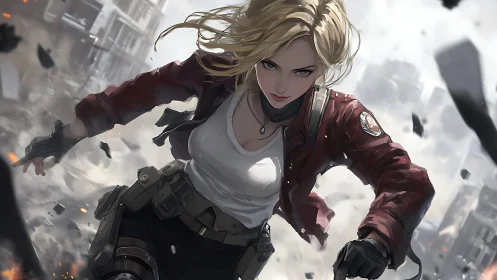 Female combatant advances through urban debris field