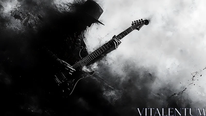 Silhouetted rock guitarist dissolves into abstract smoke field