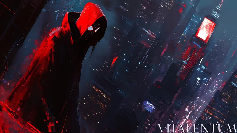 Hooded arachnid vigilante over neon-diffused megapolitan grid.