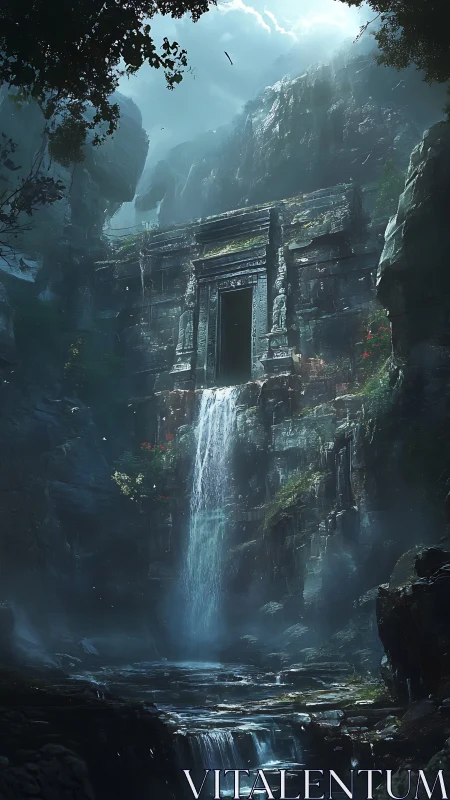 Hidden jungle temple doorway welcomes a misty waterfall dream