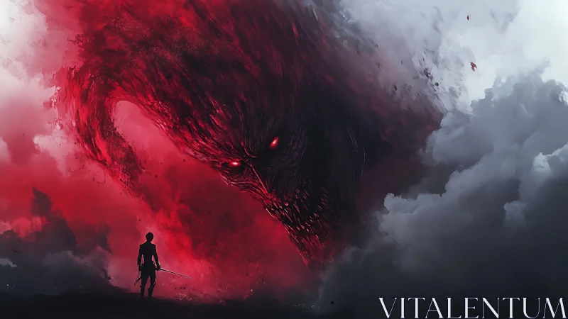 Lone warrior faces colossal red demonic storm face.