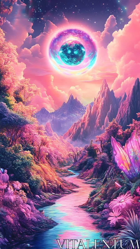 Neon river beneath a cosmic eye sun in pastel dreamland.
