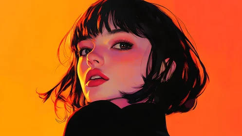 High-contrast digital portrait of woman against neon gradient