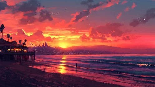 Sunset reflections glow along a tranquil city shoreline.