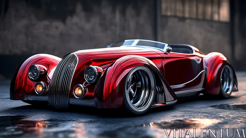 Rendered low-profile red roadster is parked in an empty warehouse