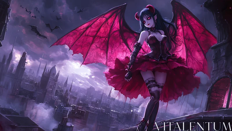 Winged demon girl overlooking dark fantasy city skyline.