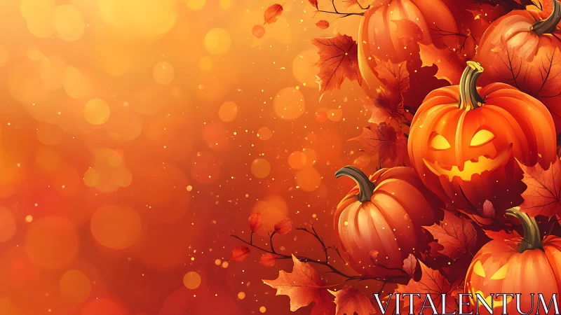 Glowing jack-o&rsquo;-lanterns gleam against a warm autumn haze