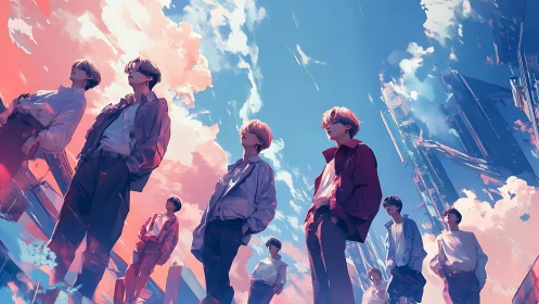 Digital painting of urban youth under expansive neon sky.