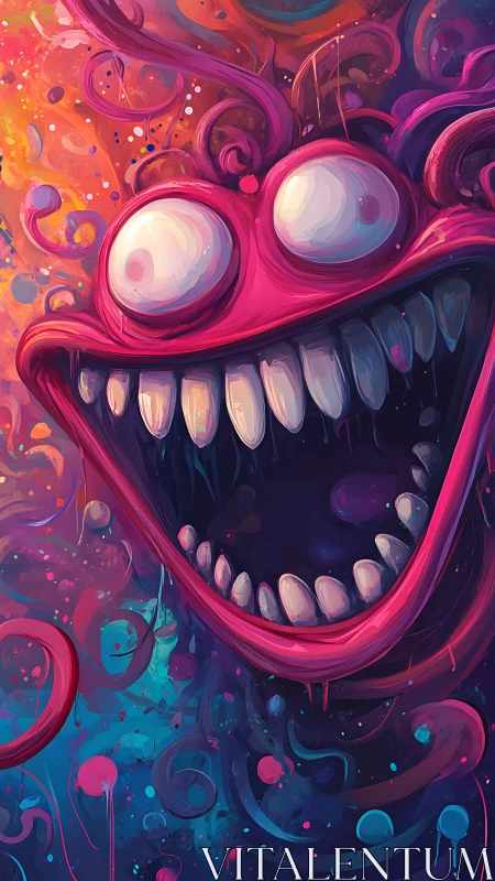 Large pink cartoon face with wide mouth and swirling background.