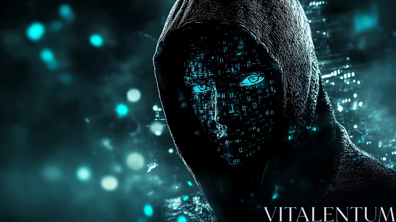 Hooded digital figure with glowing blue circuitry face