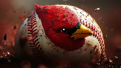 Cardinal baseball emblem rendered in hyperreal dirt impact.